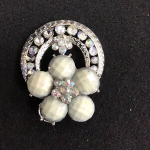 Brooch, vintage rhinestones and white flower shaped
